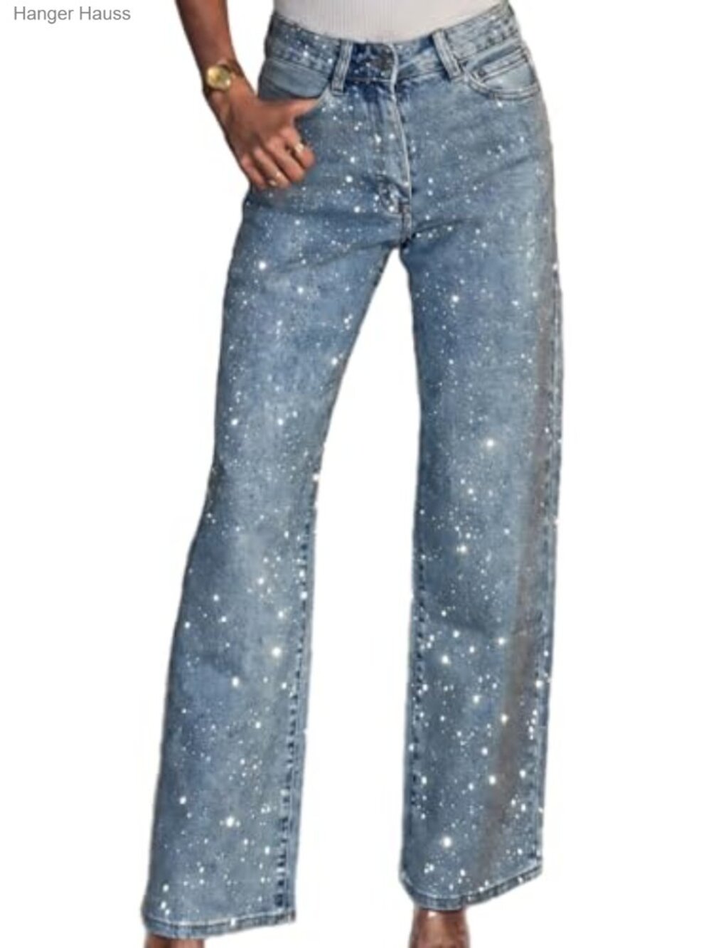 Rhinestone Wide Leg Jeans High Rise Sparkly Jeans
